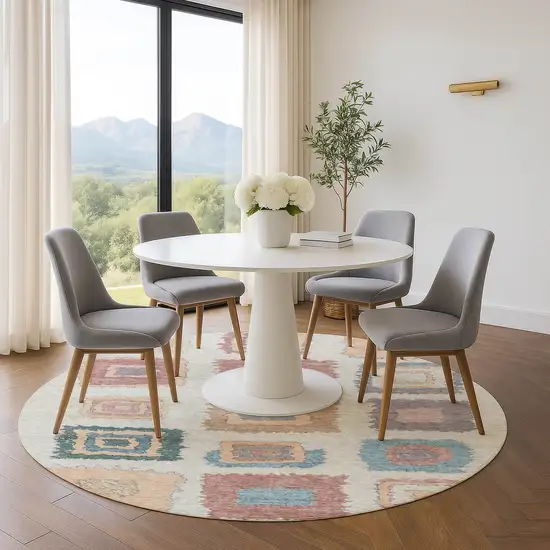 8' Peach Ivory And Blue Geometric Washable Round Rug With UV Protection Photo 5