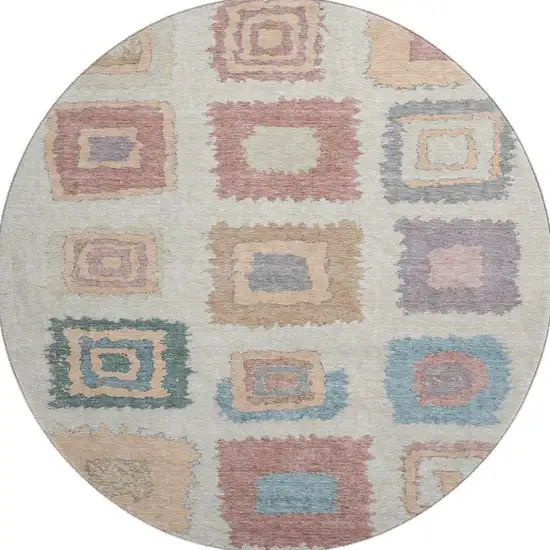 8' Peach Ivory And Blue Geometric Washable Round Rug With UV Protection Photo 4