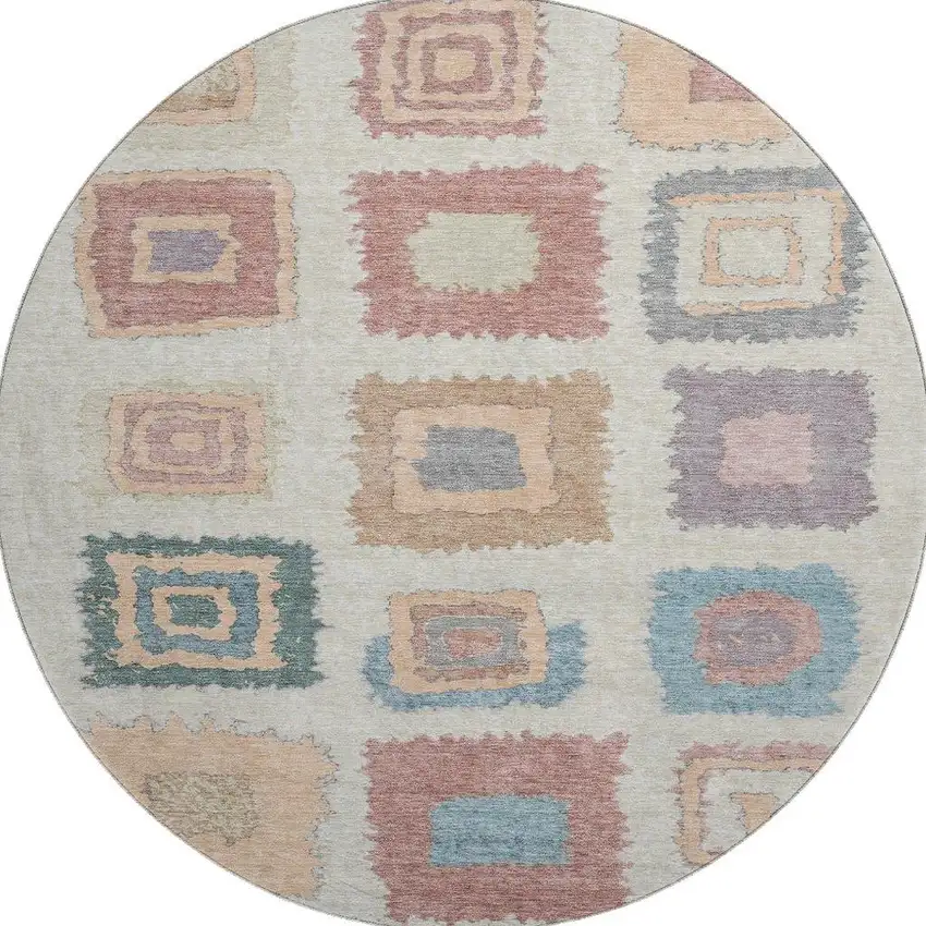 8' Peach Ivory And Blue Geometric Washable Round Rug With UV Protection Photo 4