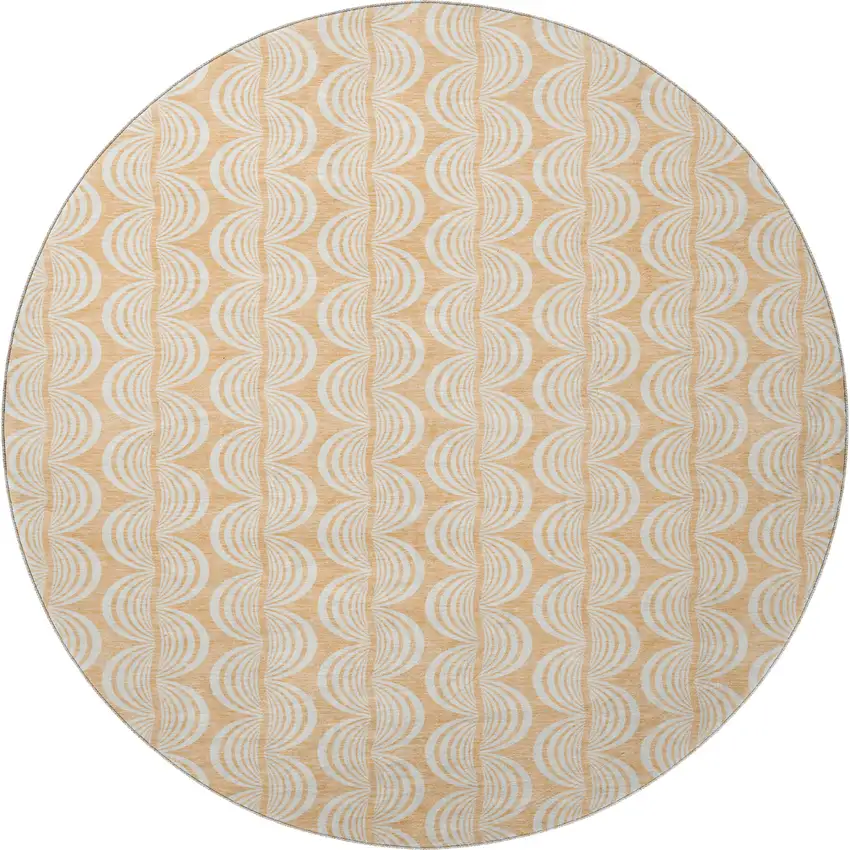 8' Peach Ivory And Brown Ogee Washable Round Rug With UV Protection Photo 3