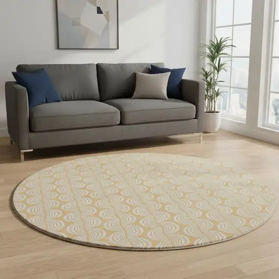 8' Peach Ivory And Brown Ogee Washable Round Rug With UV Protection Photo 2
