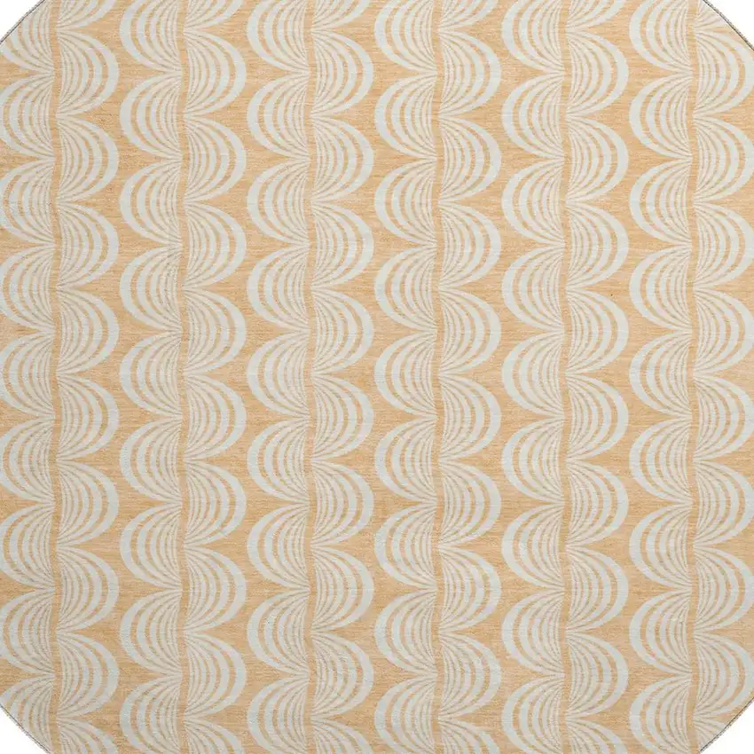 8' Peach Ivory And Brown Ogee Washable Round Rug With UV Protection Photo 2