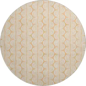 Photo of 8' Peach Ivory And Brown Ogee Washable Round Rug With UV Protection