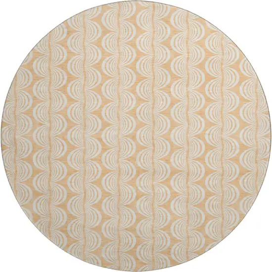 8' Peach Ivory And Brown Ogee Washable Round Rug With UV Protection Photo 1