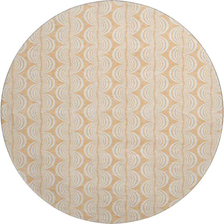8' Peach Ivory And Brown Ogee Washable Round Rug With UV Protection Photo 1