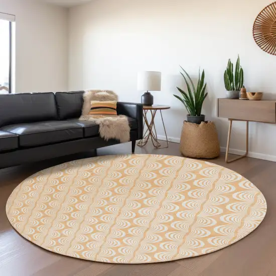 8' Peach Ivory And Brown Ogee Washable Round Rug With UV Protection Photo 4