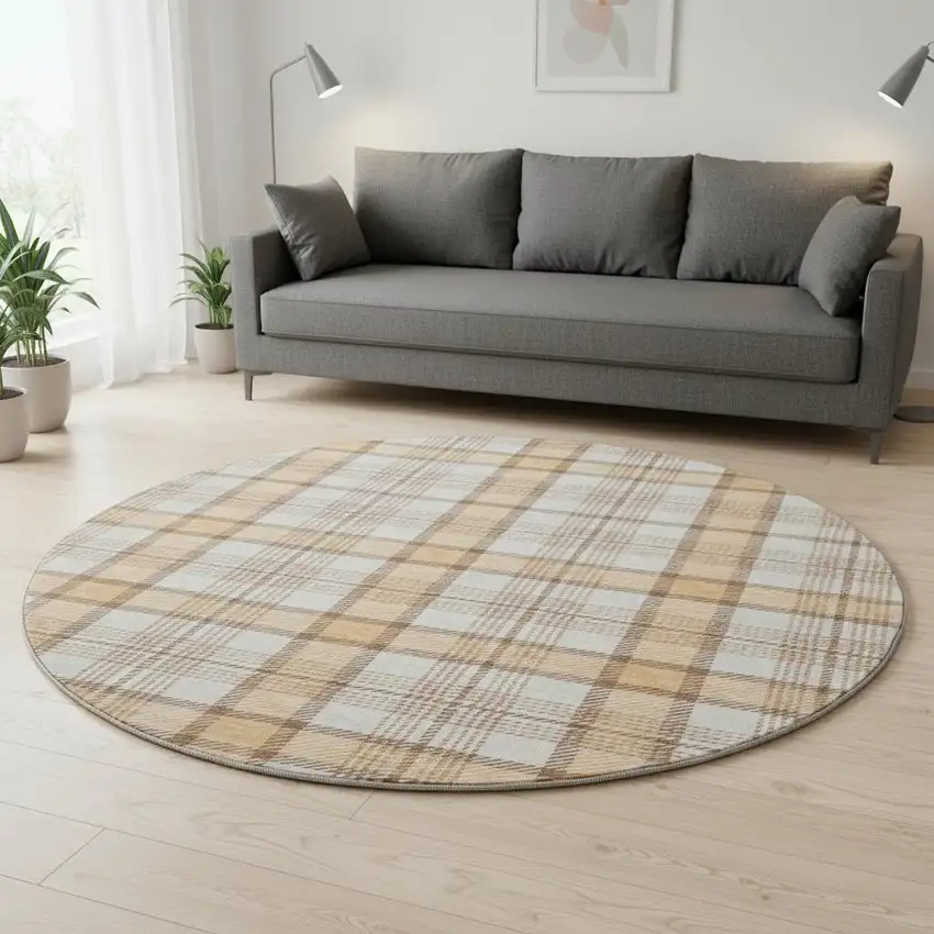8' Peach Ivory And Brown Plaid Washable Round Rug With UV Protection Photo 2