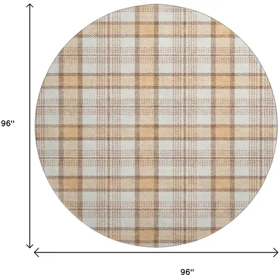 8' Peach Ivory And Brown Plaid Washable Round Rug With UV Protection Photo 9