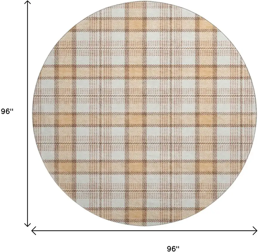 8' Peach Ivory And Brown Plaid Washable Round Rug With UV Protection Photo 9