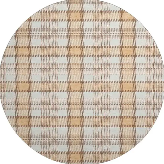 8' Peach Ivory And Brown Plaid Washable Round Rug With UV Protection Photo 3