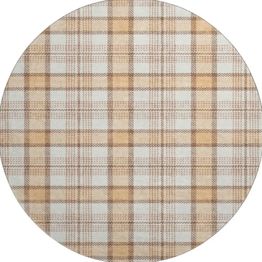 8' Peach Ivory And Brown Plaid Washable Round Rug With UV Protection Photo 3