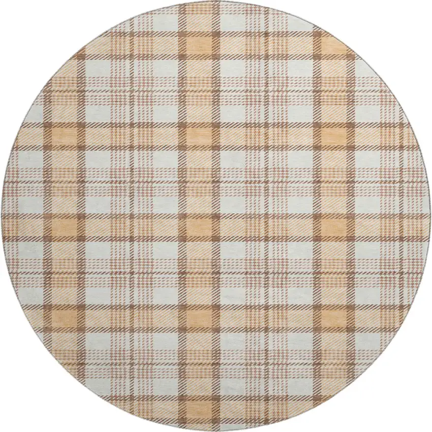8' Peach Ivory And Brown Plaid Washable Round Rug With UV Protection Photo 1