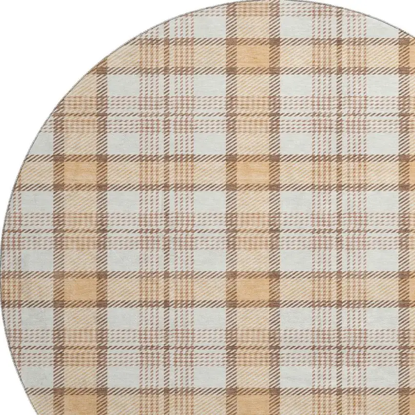 8' Peach Ivory And Brown Plaid Washable Round Rug With UV Protection Photo 2