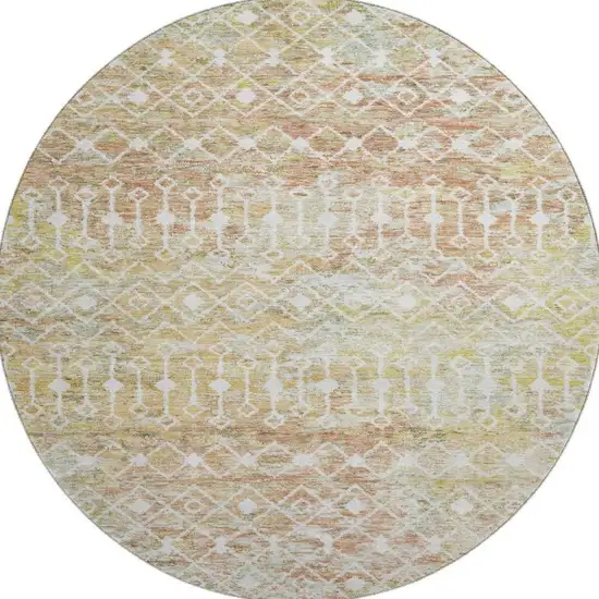 8' Peach Ivory And Gold Geometric Washable Round Rug With UV Protection Photo 3