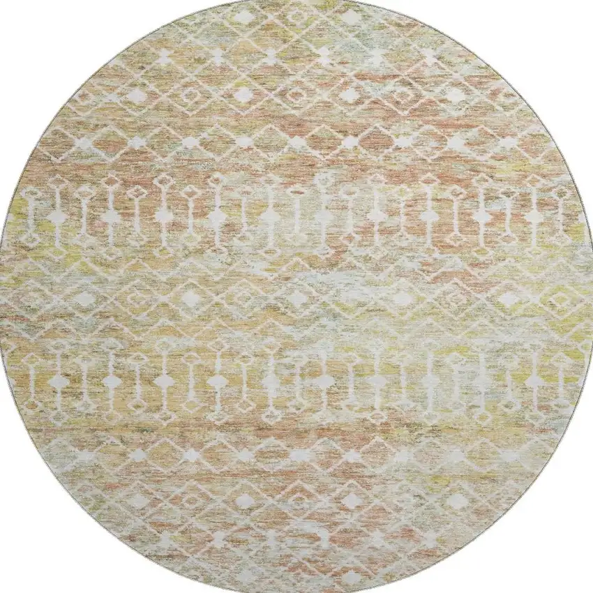 8' Peach Ivory And Gold Geometric Washable Round Rug With UV Protection Photo 3