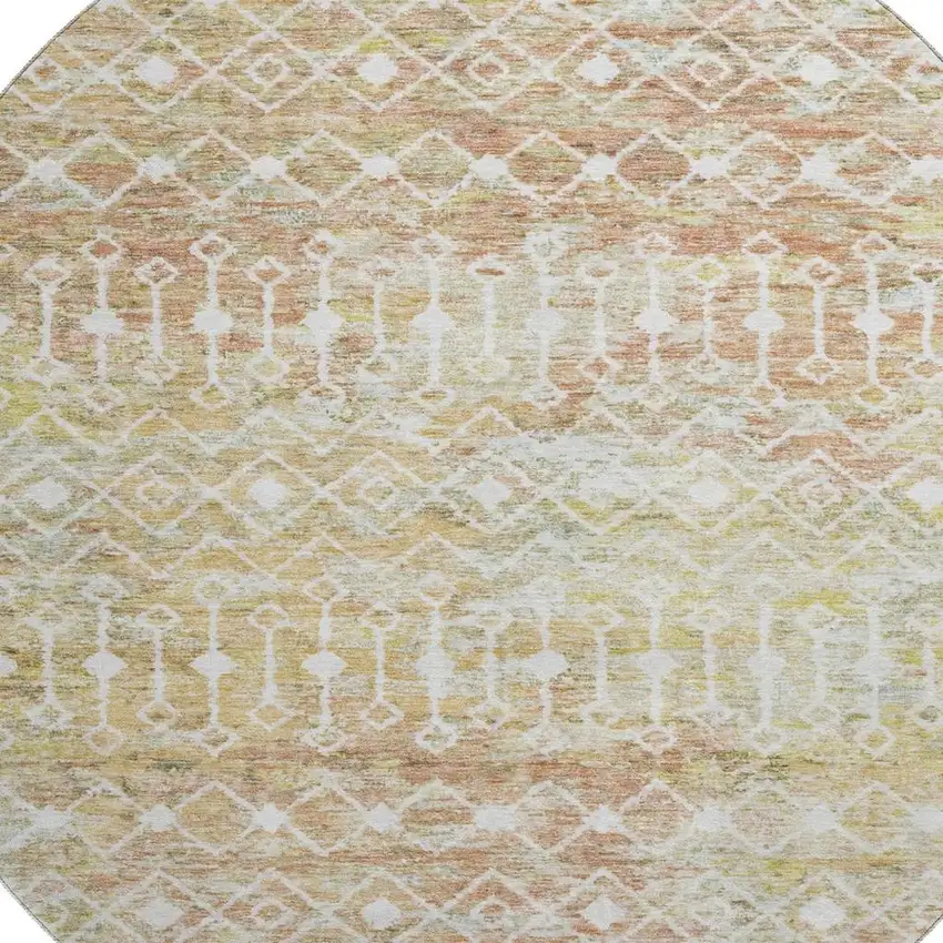 8' Peach Ivory And Gold Geometric Washable Round Rug With UV Protection Photo 2