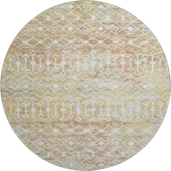 8' Peach Ivory And Gold Geometric Washable Round Rug With UV Protection Photo 1