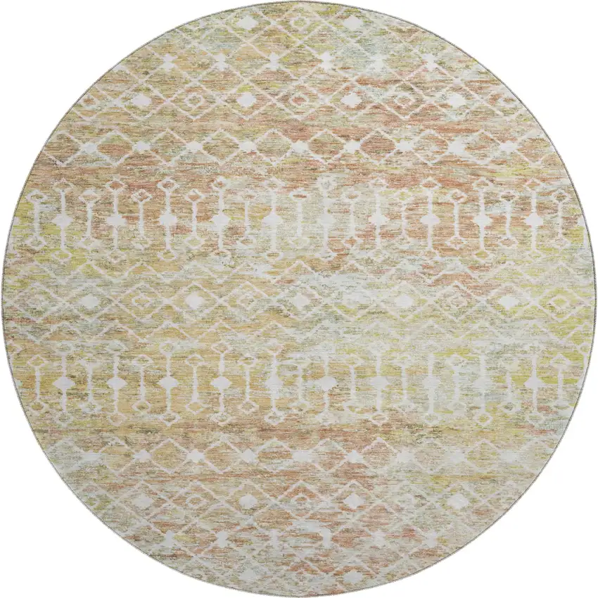 8' Peach Ivory And Gold Geometric Washable Round Rug With UV Protection Photo 1