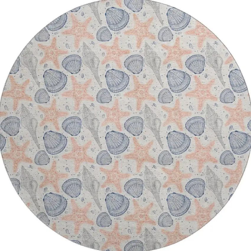 8' Peach Ivory And Navy Blue Geometric Washable Round Rug With UV Protection Photo 4
