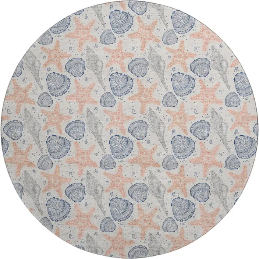 8' Peach Ivory And Navy Blue Geometric Washable Round Rug With UV Protection Photo 1