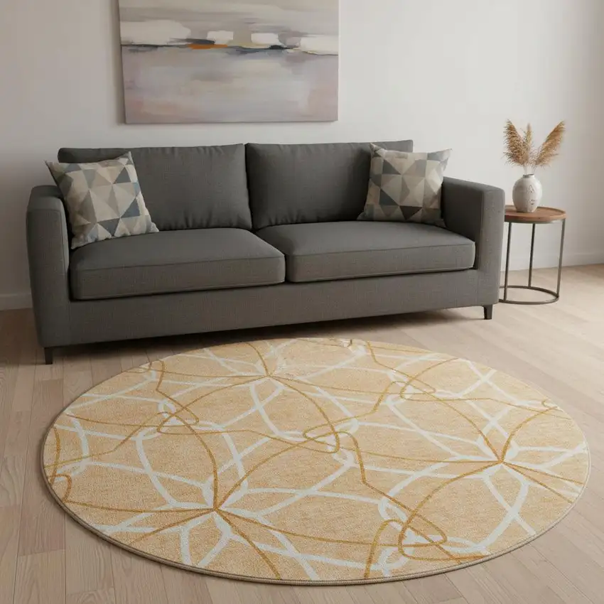 8' Peach Ivory And Orange Geometric Washable Round Rug With UV Protection Photo 2