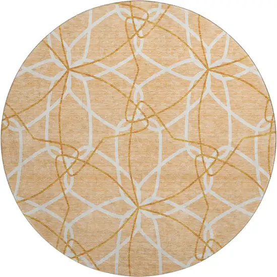8' Peach Ivory And Orange Geometric Washable Round Rug With UV Protection Photo 1
