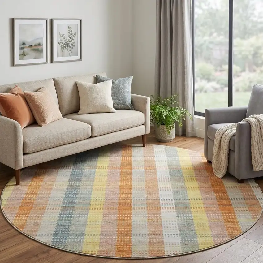 8' Peach Ivory And Yellow Plaid Washable Round Rug With UV Protection Photo 1