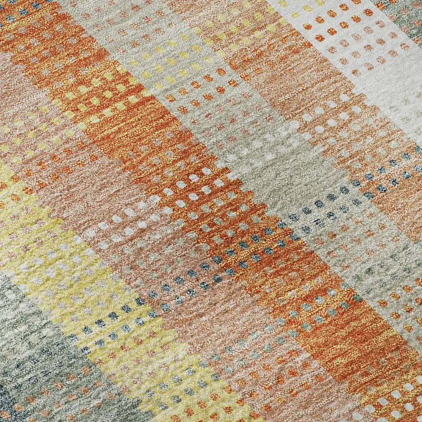 8' Peach Ivory And Yellow Plaid Washable Round Rug With UV Protection Photo 8