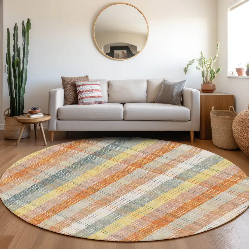 8' Peach Ivory And Yellow Plaid Washable Round Rug With UV Protection Photo 4