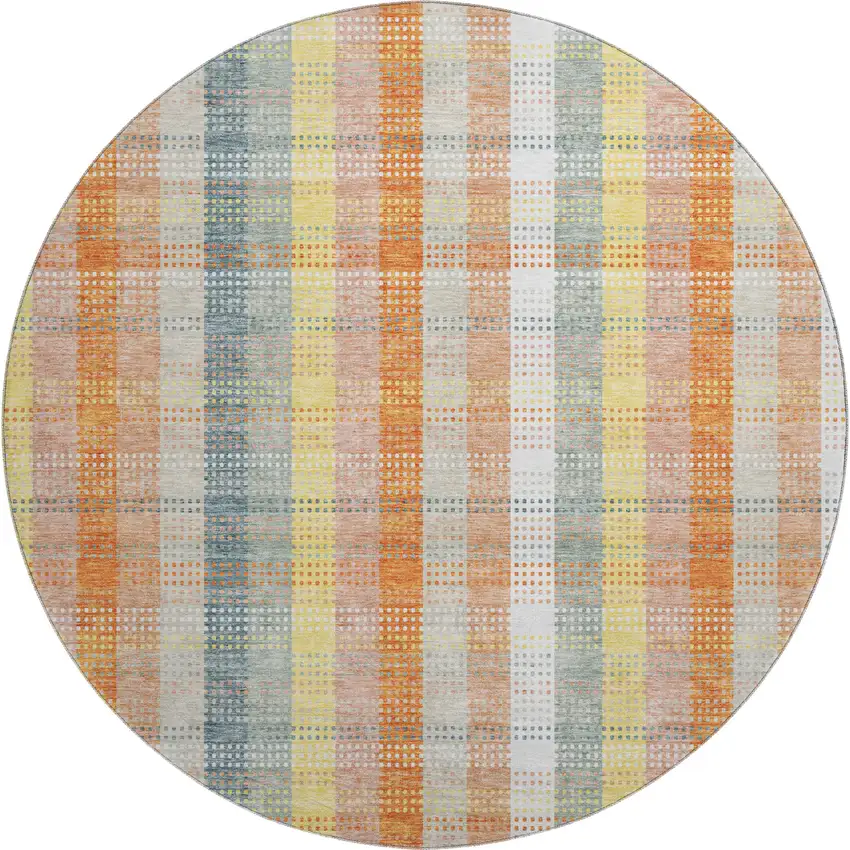 8' Peach Ivory And Yellow Plaid Washable Round Rug With UV Protection Photo 1