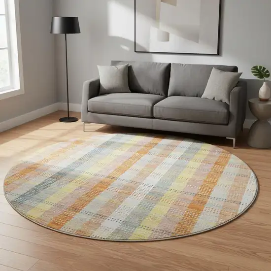 8' Peach Ivory And Yellow Plaid Washable Round Rug With UV Protection Photo 2