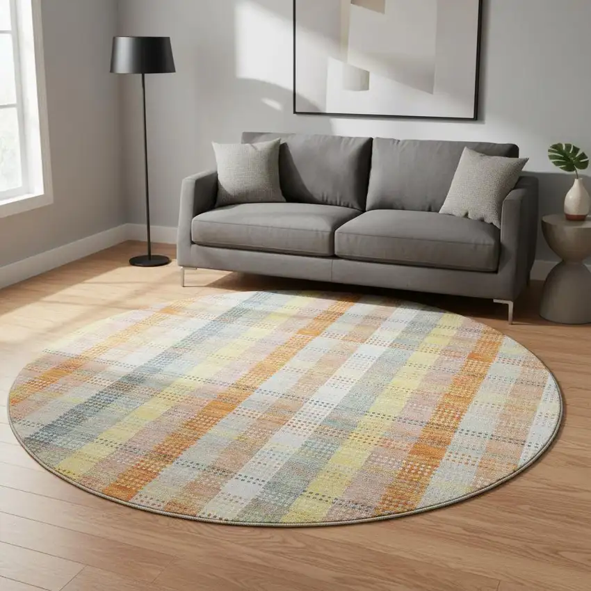 8' Peach Ivory And Yellow Plaid Washable Round Rug With UV Protection Photo 2