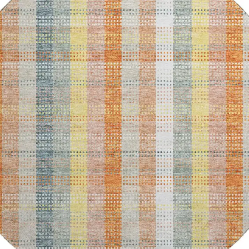 8' Peach Ivory And Yellow Plaid Washable Round Rug With UV Protection Photo 2