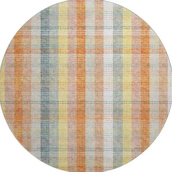 8' Peach Ivory And Yellow Plaid Washable Round Rug With UV Protection Photo 3