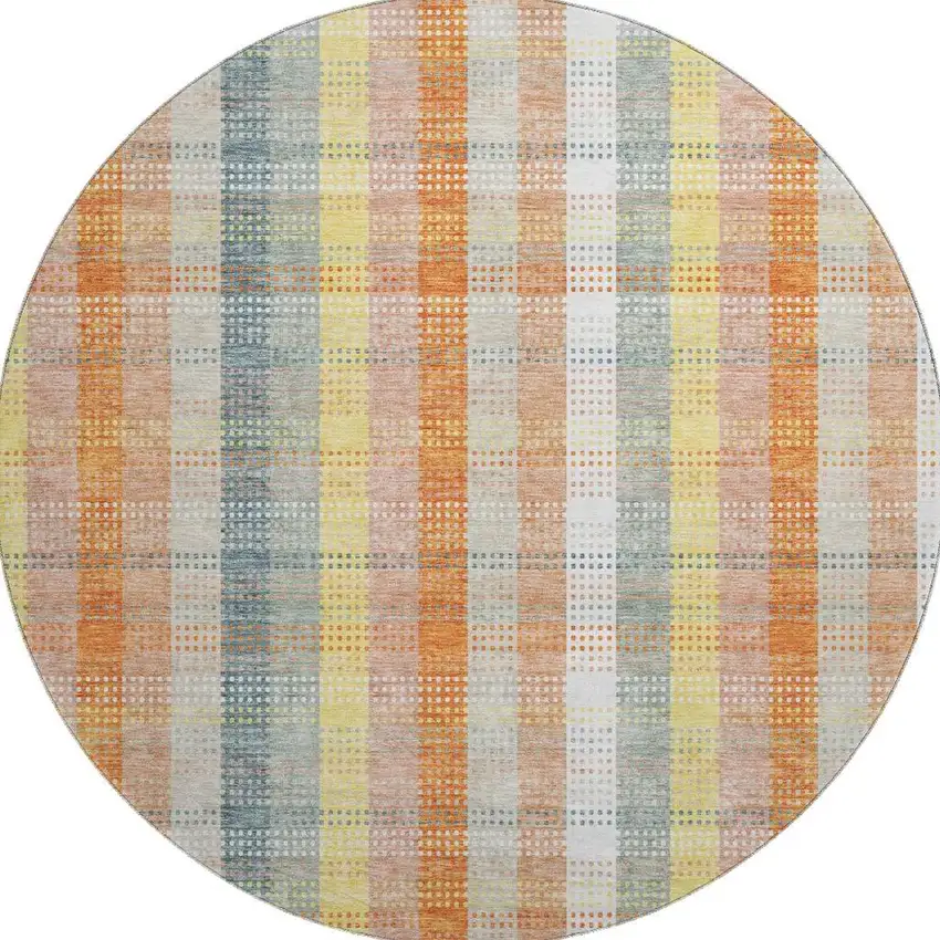 8' Peach Ivory And Yellow Plaid Washable Round Rug With UV Protection Photo 3