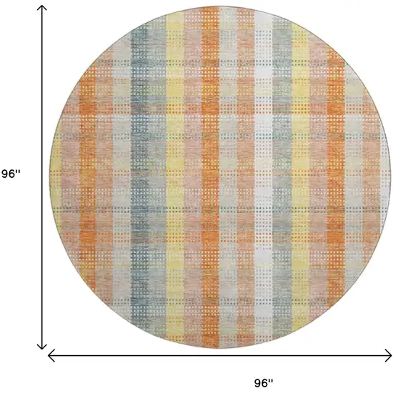 8' Peach Ivory And Yellow Plaid Washable Round Rug With UV Protection Photo 9