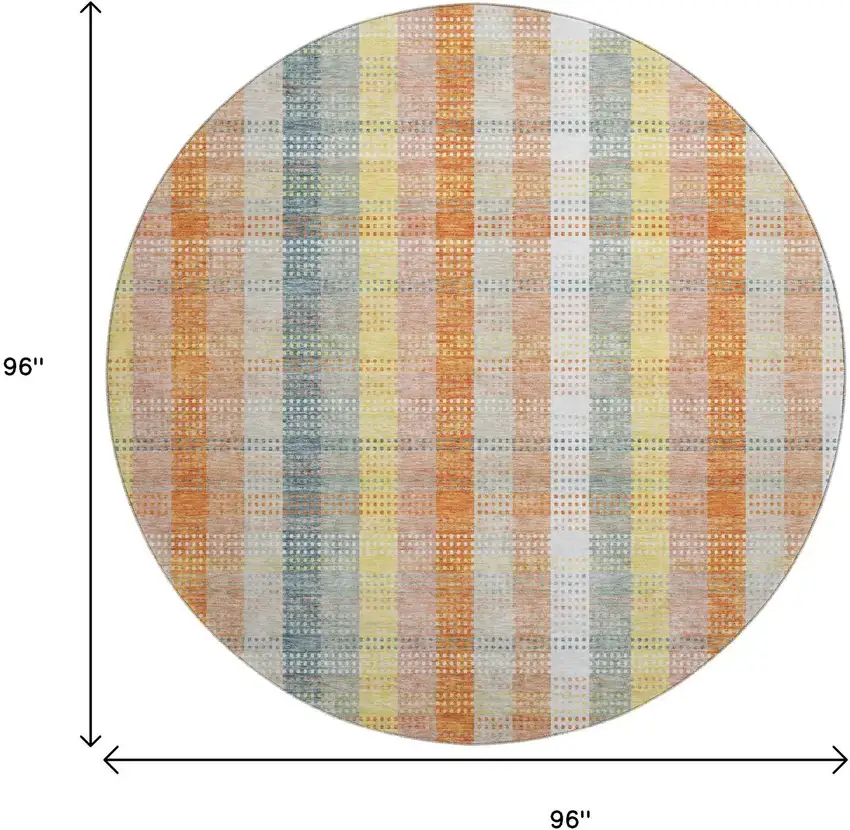 8' Peach Ivory And Yellow Plaid Washable Round Rug With UV Protection Photo 9