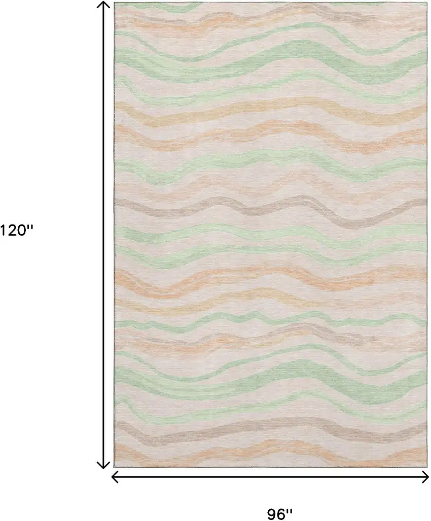 8' Peach Mint Green And Linen Striped Washable Area Rug With UV Protection Photo 8