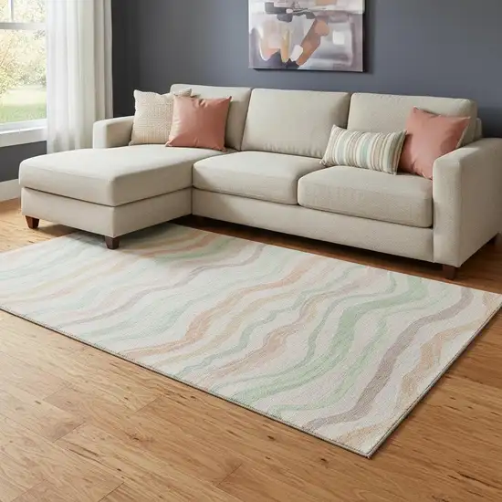 8' Peach Mint Green And Linen Striped Washable Area Rug With UV Protection Photo 2