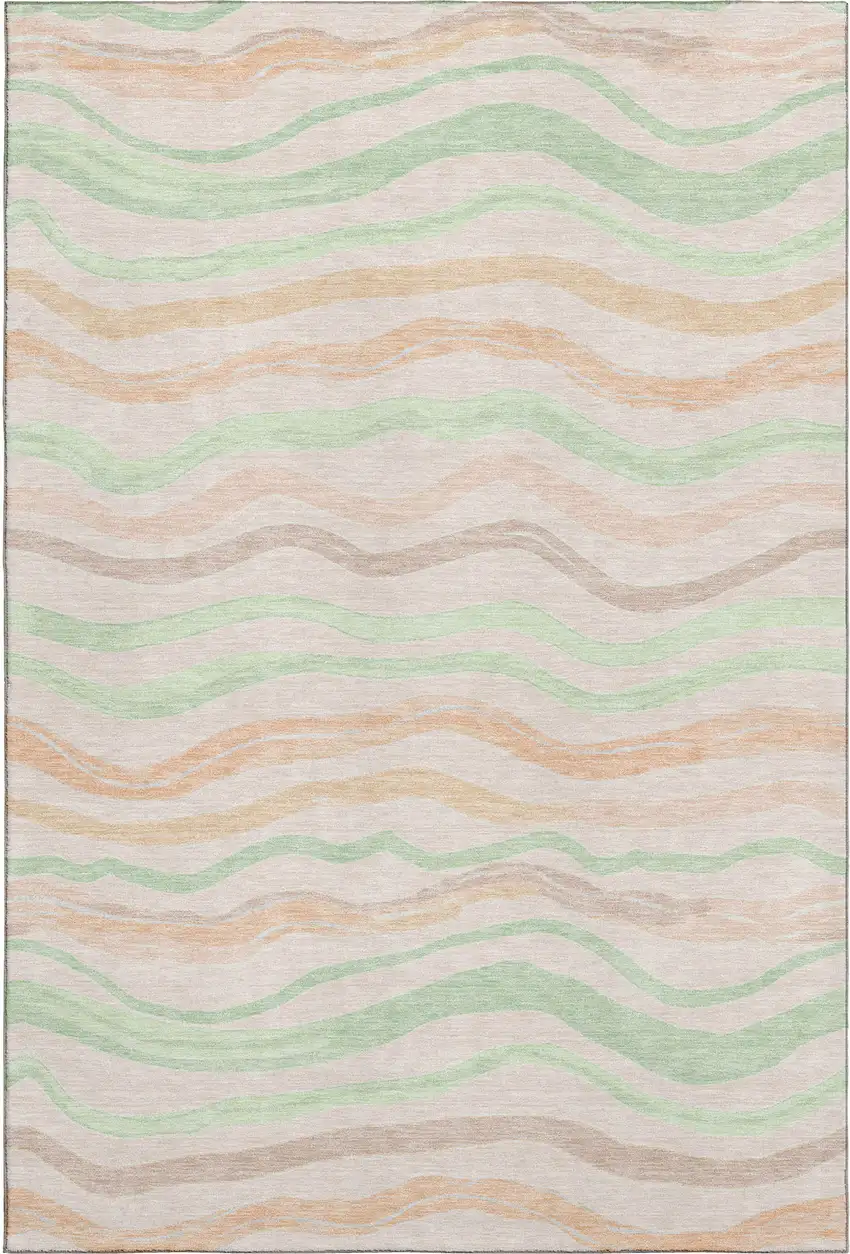 8' Peach Mint Green And Linen Striped Washable Area Rug With UV Protection Photo 1
