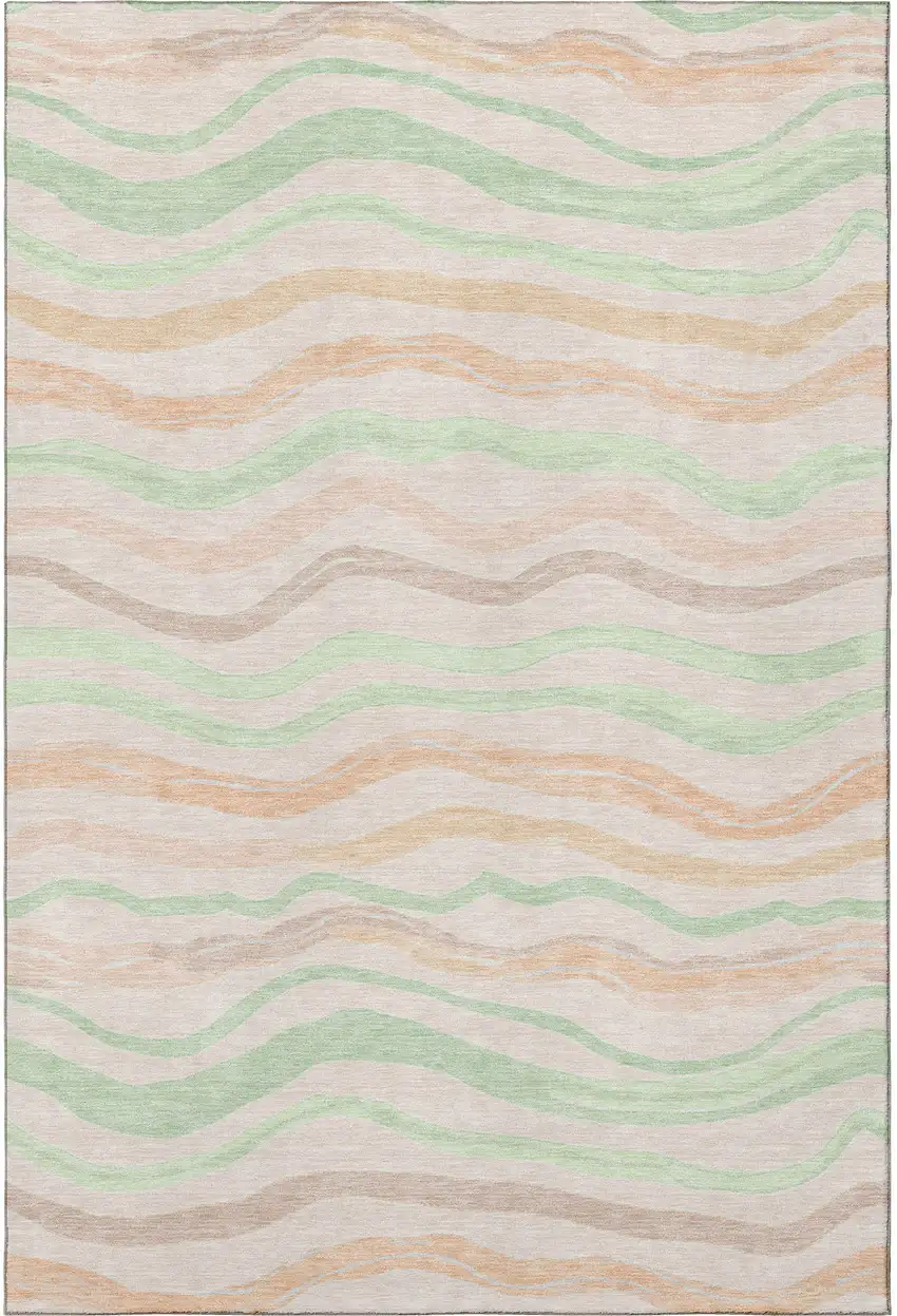 8' Peach Mint Green And Linen Striped Washable Area Rug With UV Protection Photo 2
