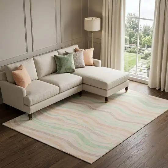 8' Peach Mint Green And Linen Striped Washable Area Rug With UV Protection Photo 1