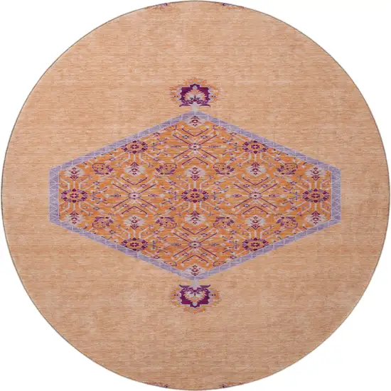 8' Peach Orange And Beige Oriental Washable Round Rug With UV Protection Photo 3