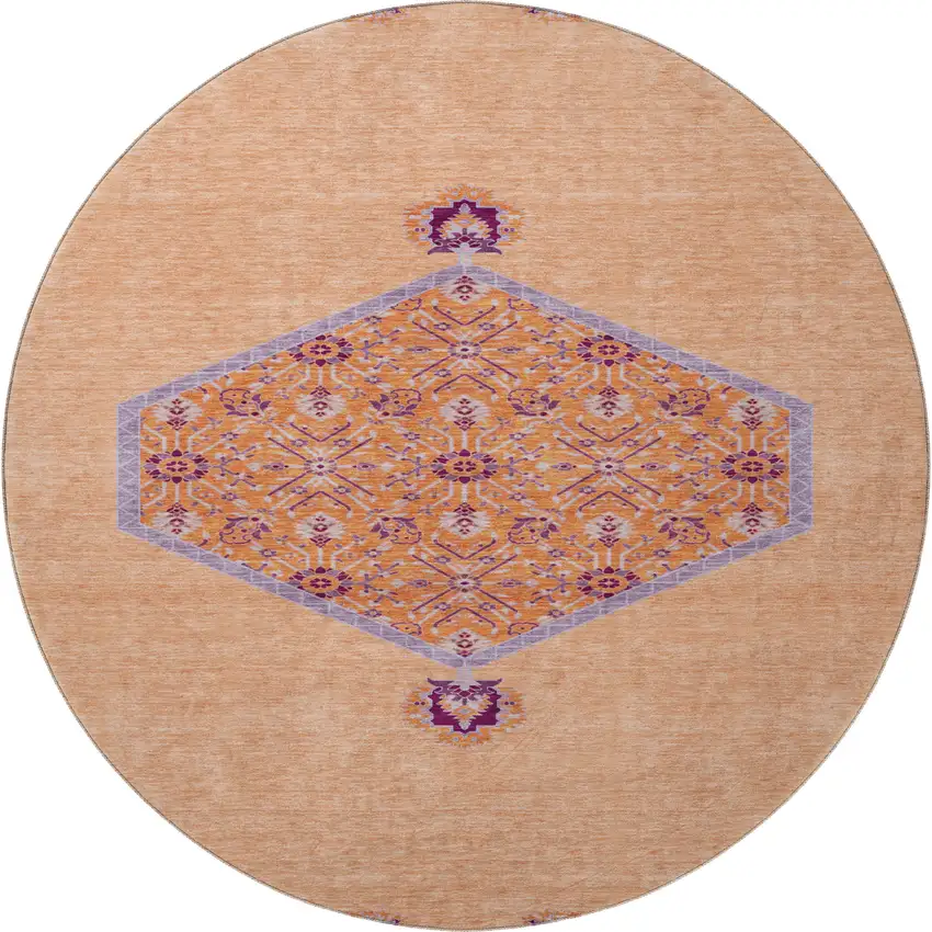 8' Peach Orange And Beige Oriental Washable Round Rug With UV Protection Photo 3