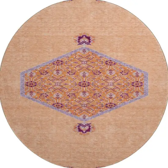 8' Peach Orange And Beige Oriental Washable Round Rug With UV Protection Photo 2