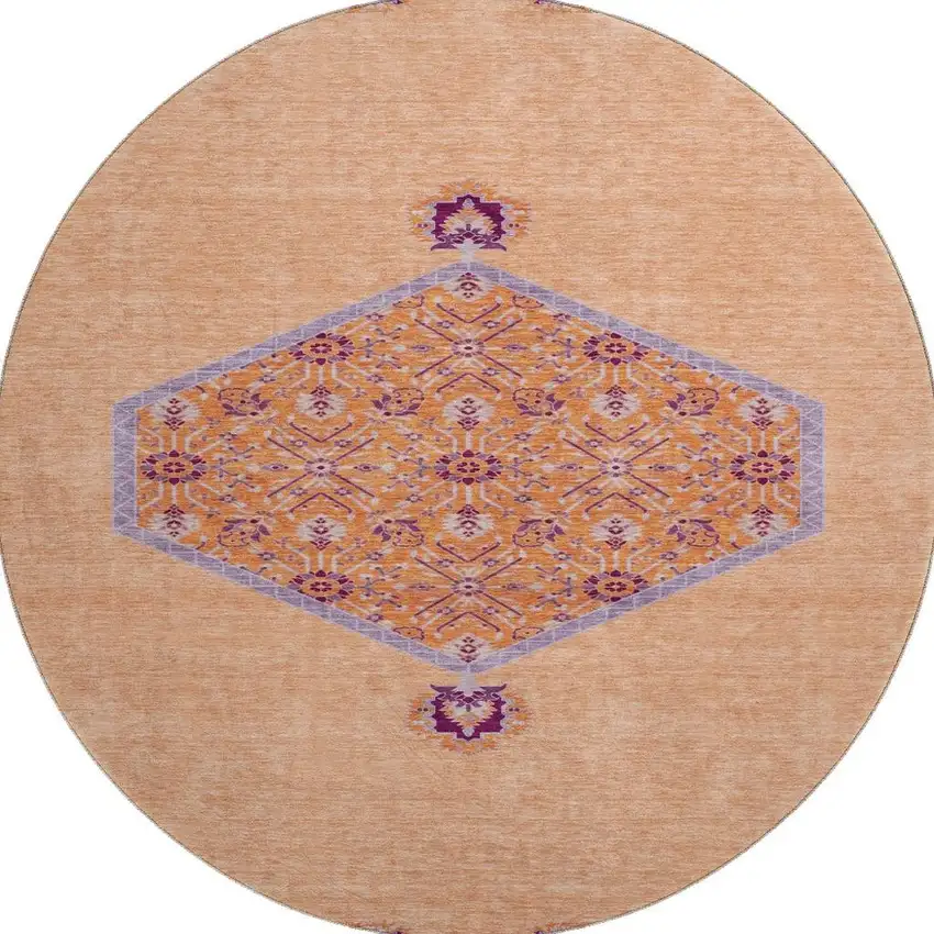 8' Peach Orange And Beige Oriental Washable Round Rug With UV Protection Photo 2