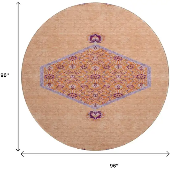 8' Peach Orange And Beige Oriental Washable Round Rug With UV Protection Photo 9