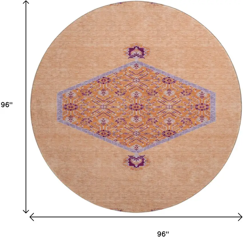 8' Peach Orange And Beige Oriental Washable Round Rug With UV Protection Photo 9