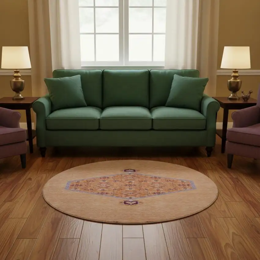 8' Peach Orange And Beige Oriental Washable Round Rug With UV Protection Photo 2