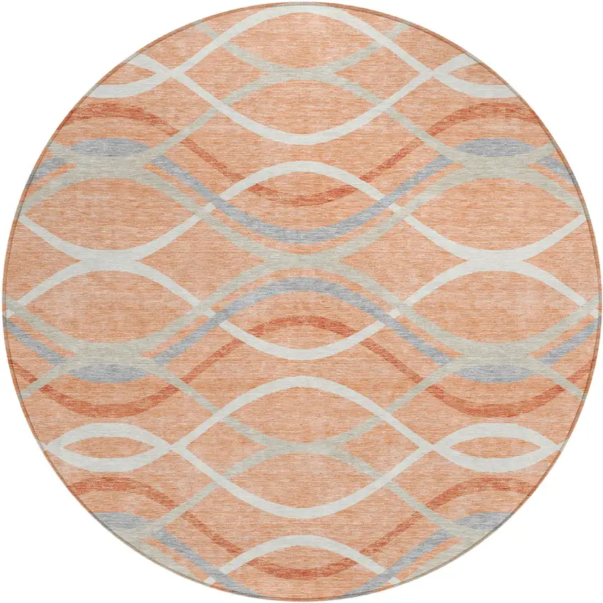 8' Peach Orange And Gray Round Abstract Washable Indoor Outdoor Area Rug Photo 1